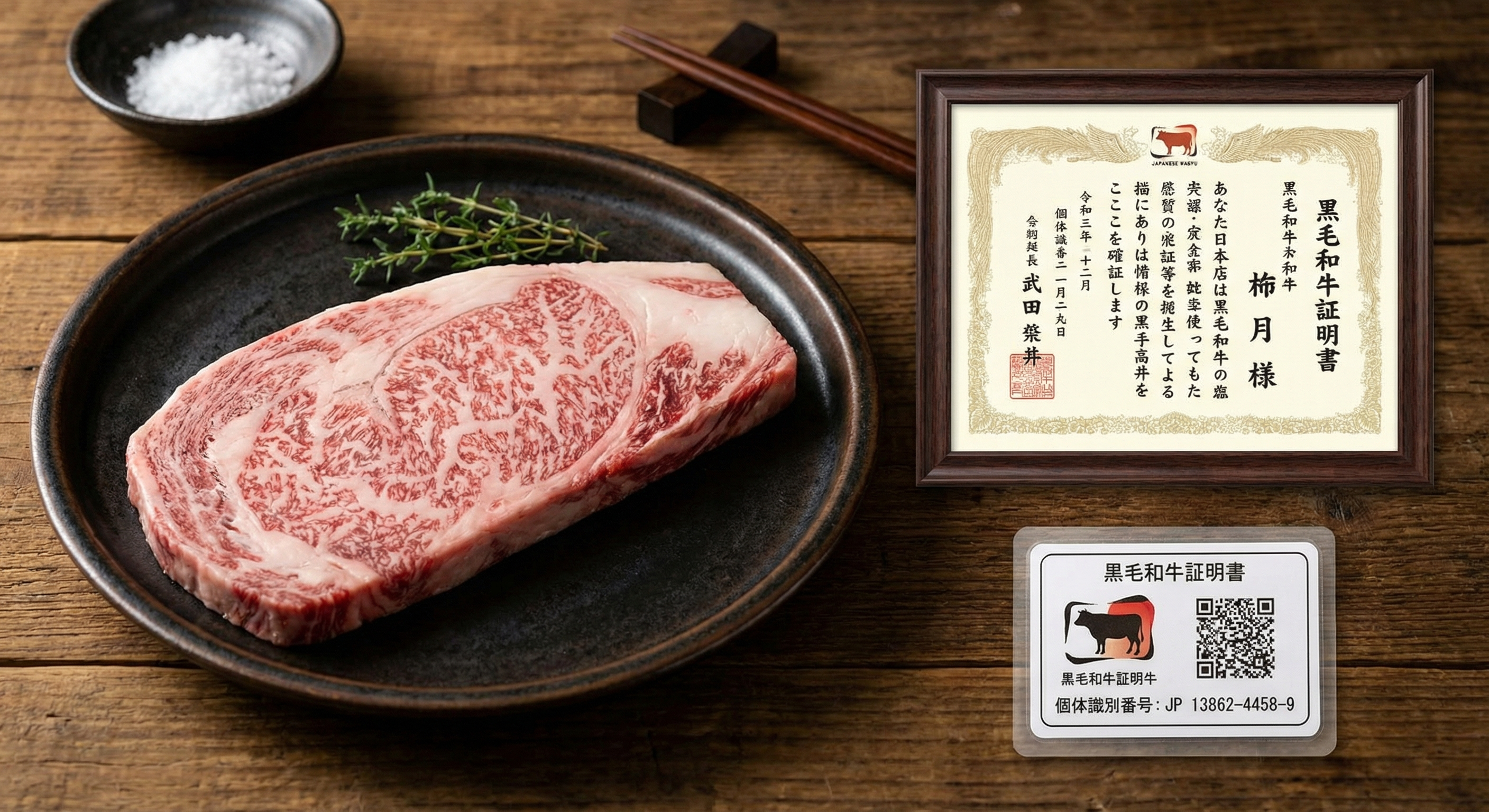 Japanese wagyu beef certificate showing traceability number and grading details next to marbled steak