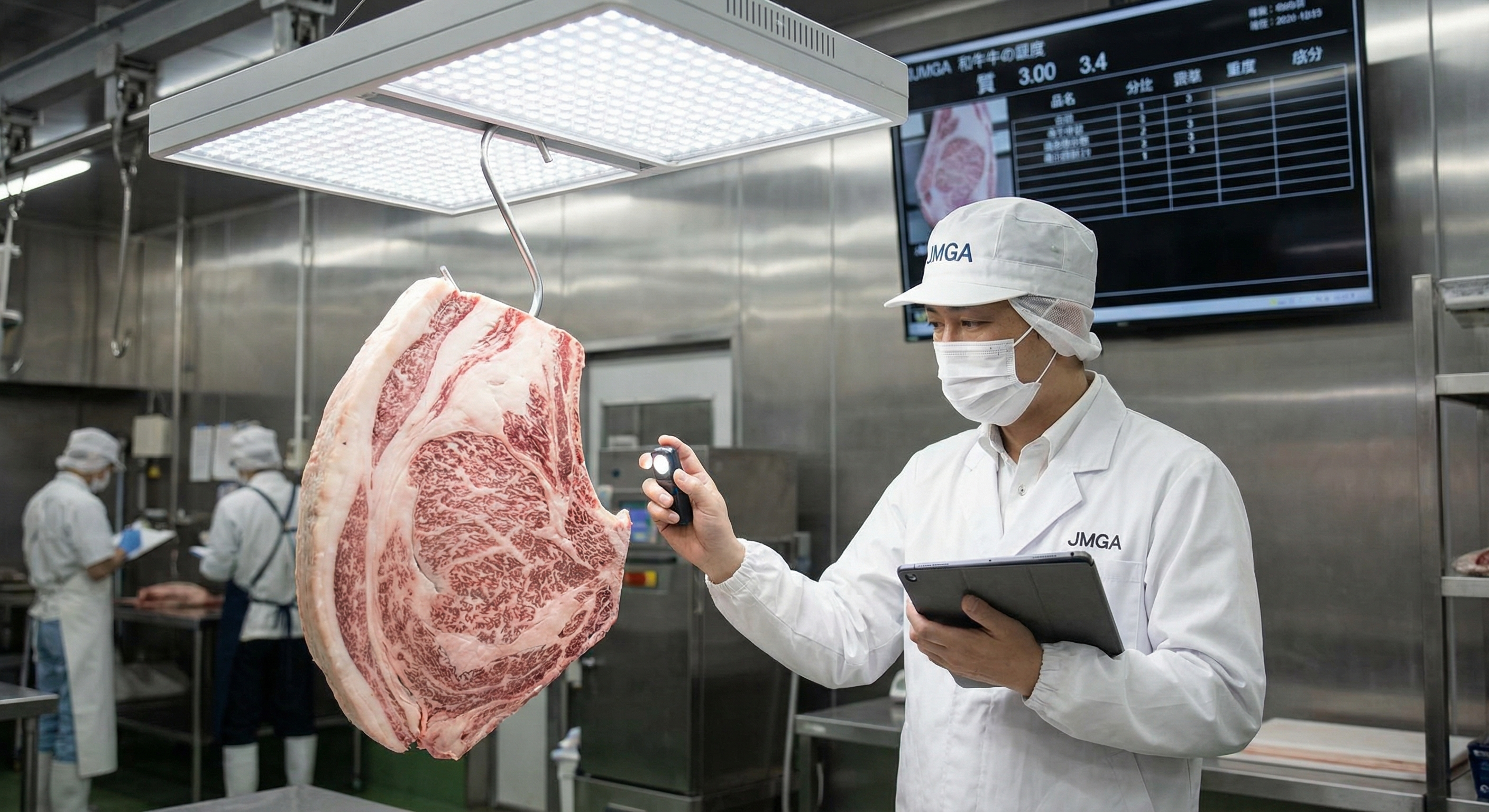 JMGA certified grader examining wagyu beef carcass cross-section during grading process