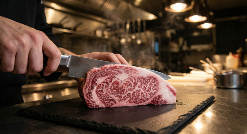 Close-up of A5 Wagyu marbling showing BMS 11-12 grade