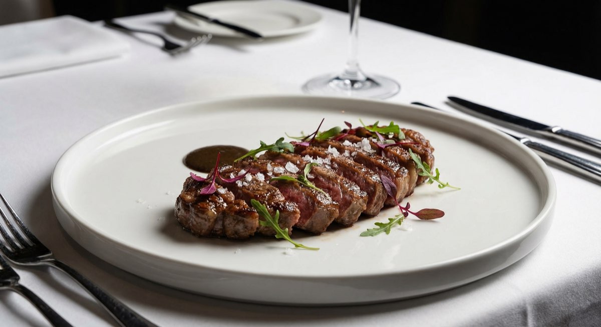 Beautifully plated wagyu steak garnished with sea salt and microgreens