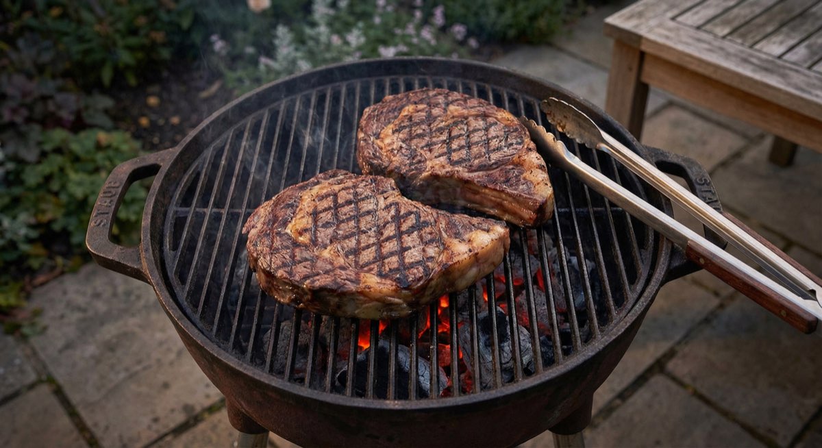 Wagyu steaks on grill grates with perfect sear and grill marks