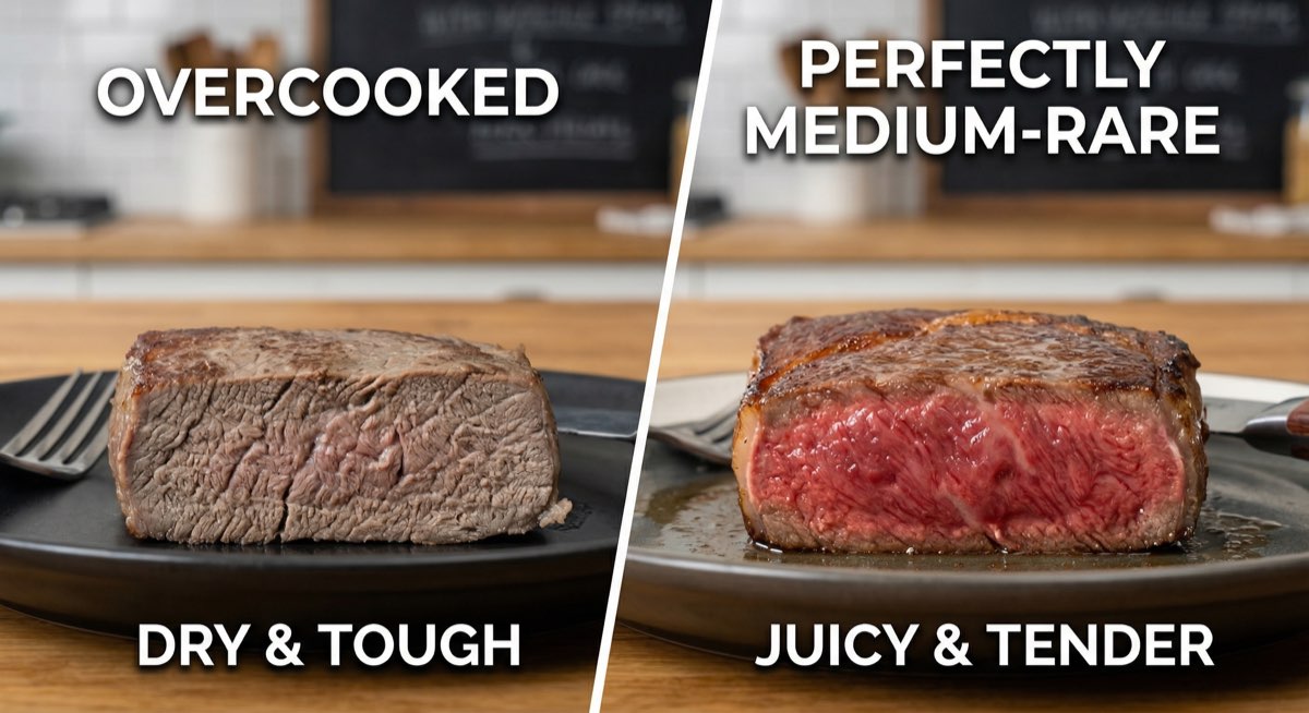 Comparison of properly cooked vs. overcooked wagyu cross-sections