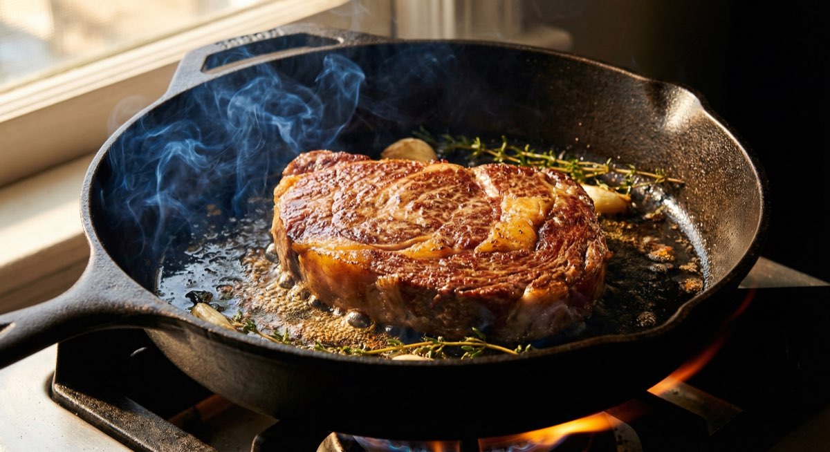 Wagyu steak searing in cast-iron pan with golden crust forming
