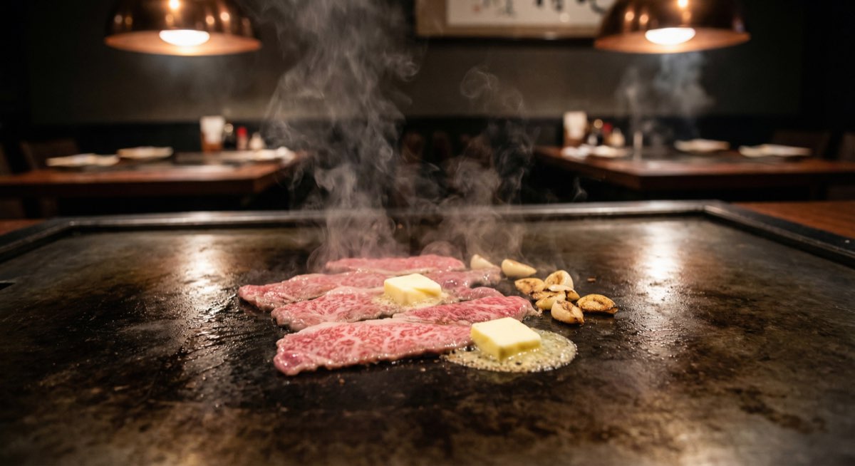 Thinly sliced wagyu cooking on iron griddle with butter and garlic