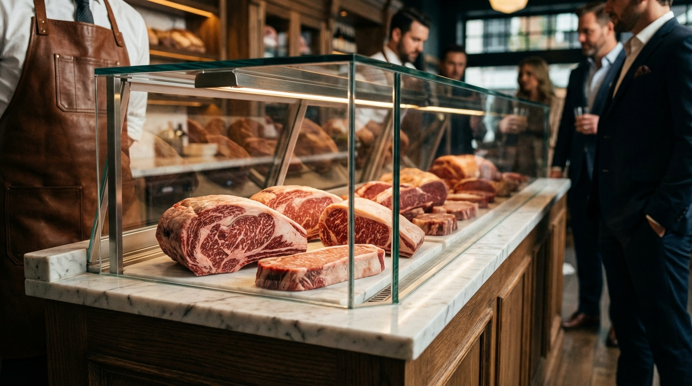 Premium American Wagyu cuts displayed in upscale butcher shop case with warm lighting