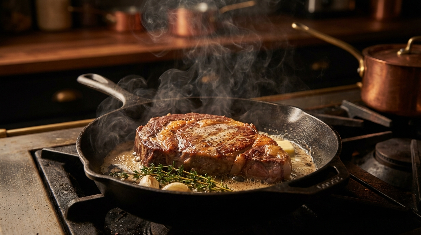 American Wagyu ribeye searing on cast iron skillet with butter and thyme