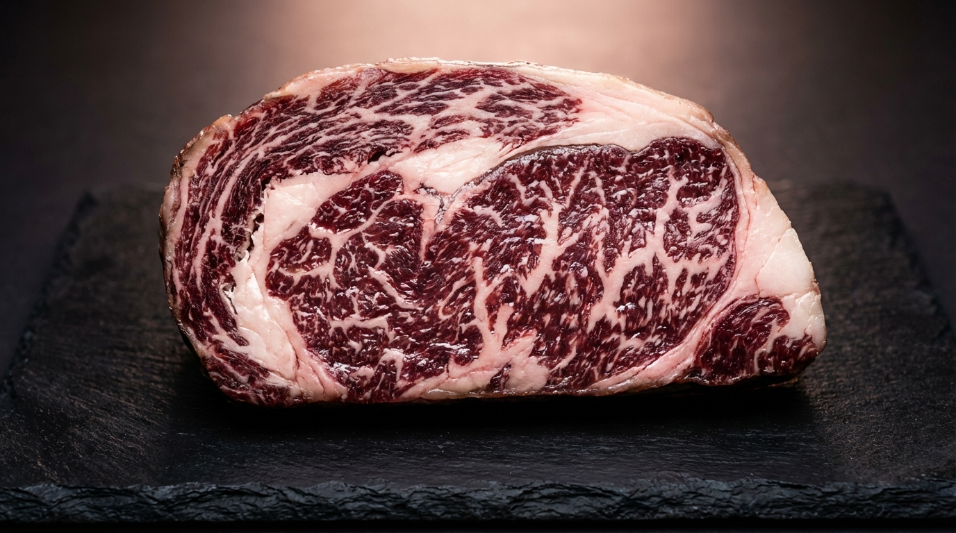 American Wagyu beef cross-section showing BMS 9 intramuscular marbling pattern
