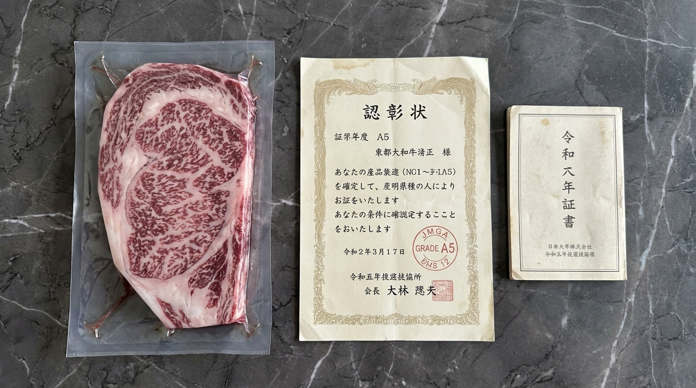 Authentic A5 wagyu certification documentation with JMGA grading stamp and BMS score next to vacuum-sealed beef