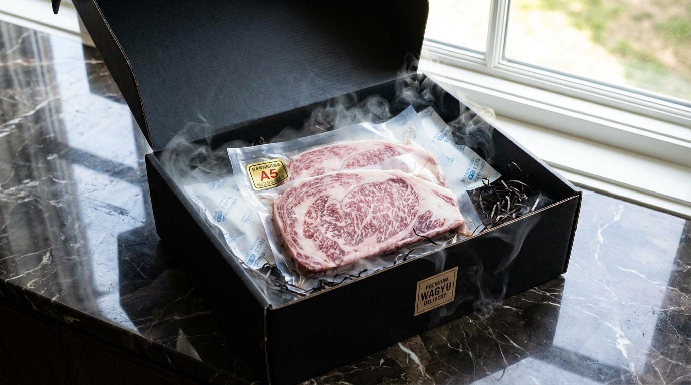 Premium A5 wagyu ribeye delivered in insulated box with dry ice and vacuum-sealed certification label