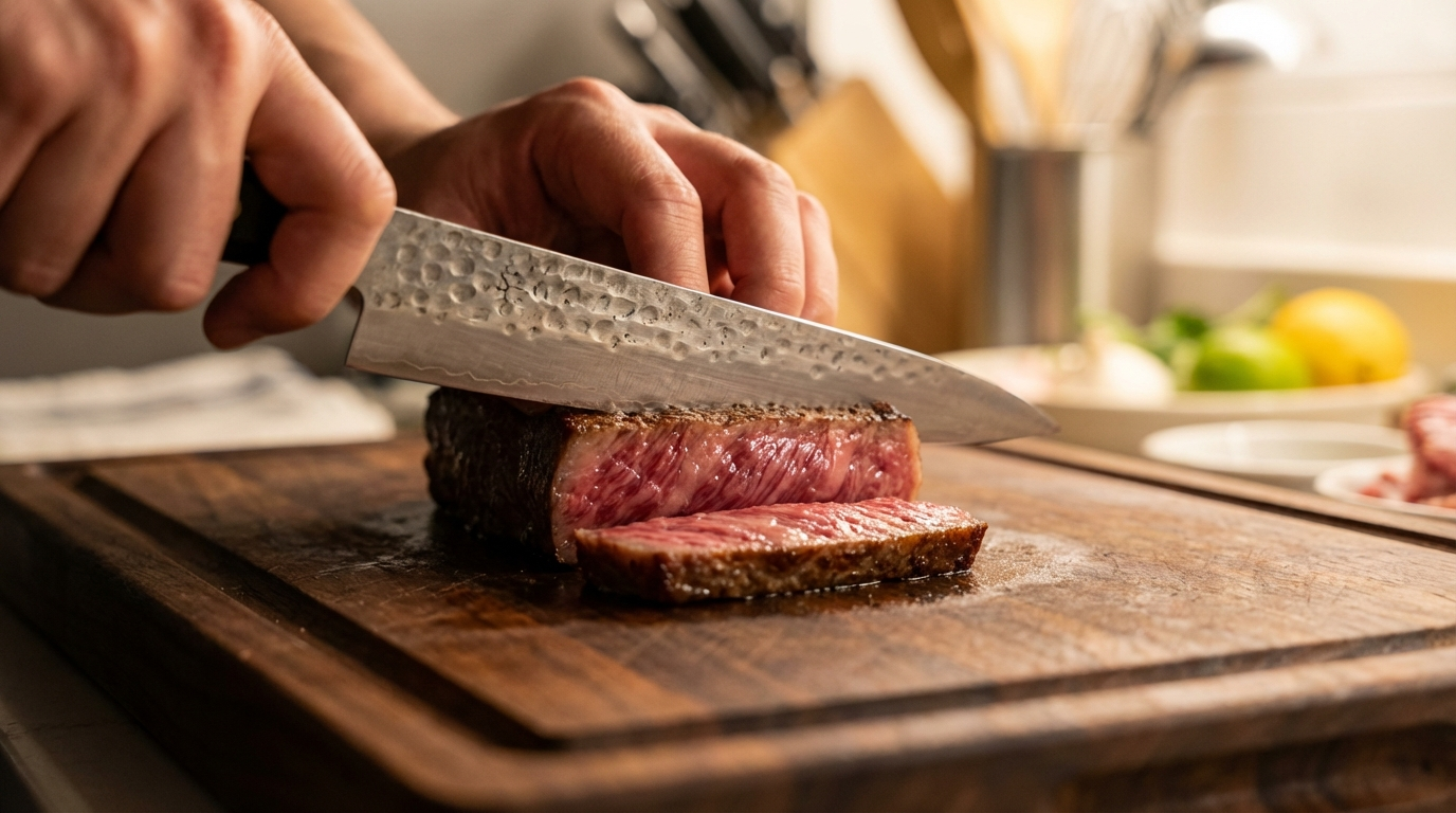 A5 wagyu ribeye being sliced with Japanese knife revealing medium-rare interior with melted marbling