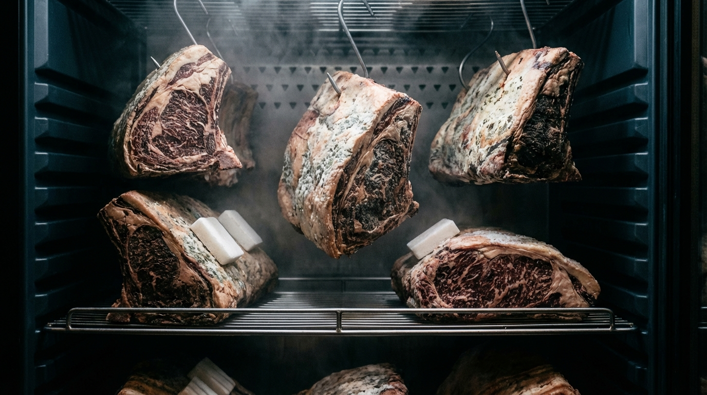 Wagyu beef primals hanging in a professional dry aging chamber with controlled humidity