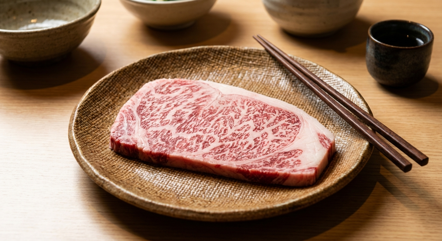 Close-up of Hida beef A5 wagyu steak showing fine shimofuri marbling pattern on Japanese ceramic plate