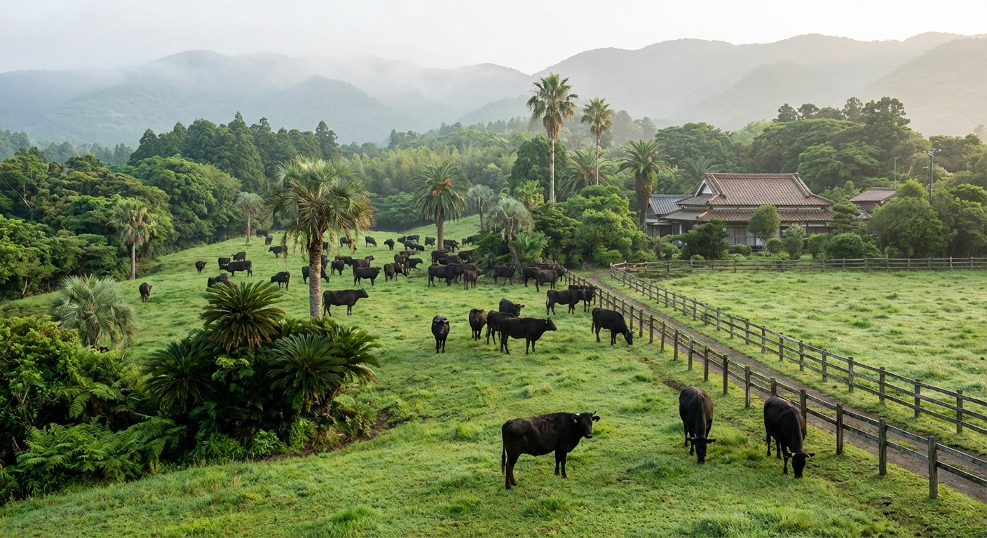 Black Kuroge Washu wagyu cattle on a Kagoshima ranch with lush green hills and subtropical vegetation