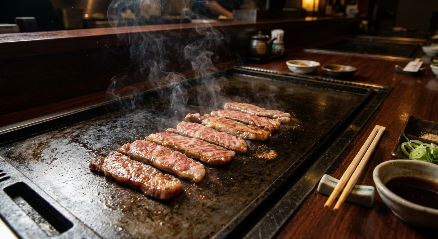 Thin slices of marbled Kagoshima A5 wagyu being seared on a hot teppanyaki griddle with light smoke rising
