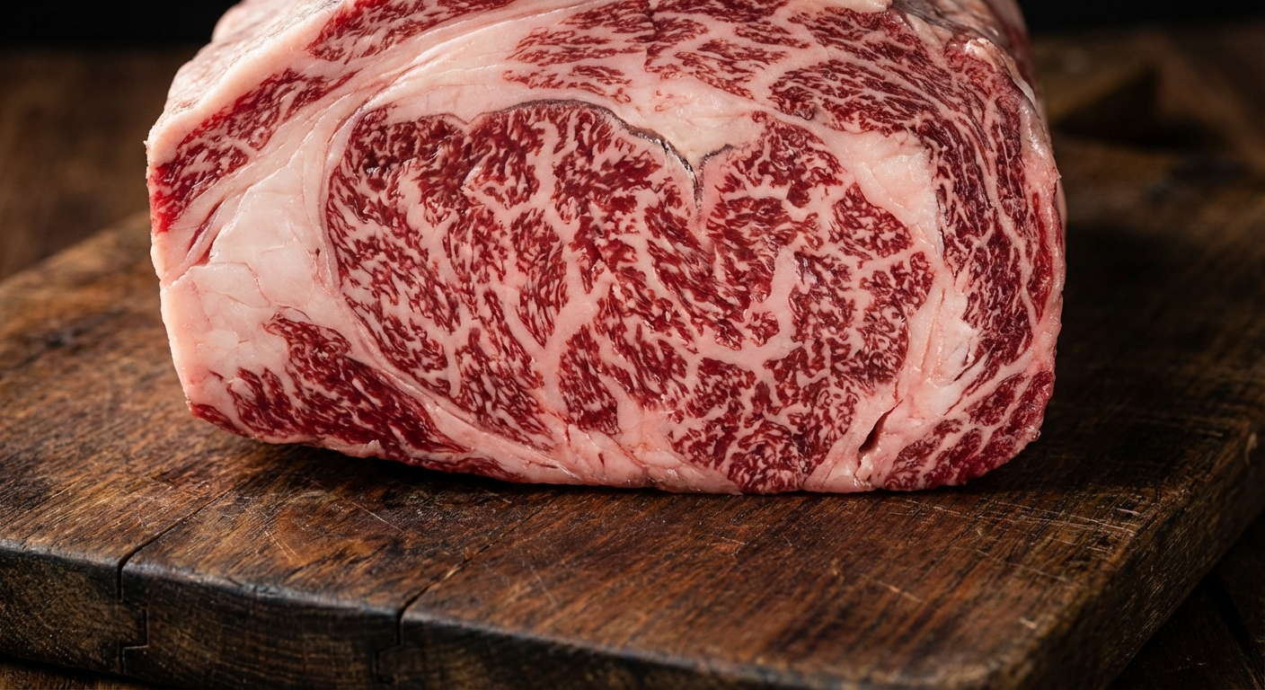 Cross-section of A5 Kagoshima wagyu ribeye showing dense white intramuscular marbling against deep red beef