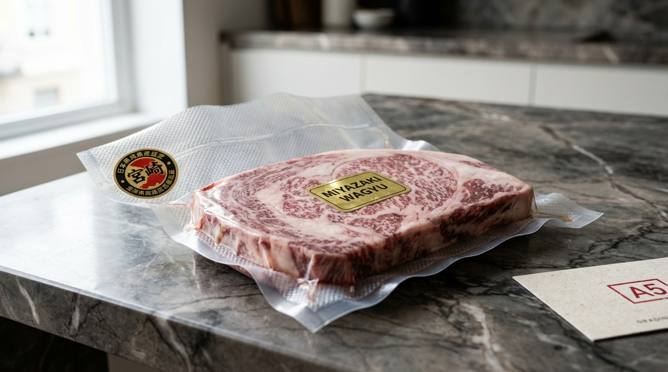 Miyazaki A5 wagyu in vacuum packaging with Japanese prefecture certification stamp