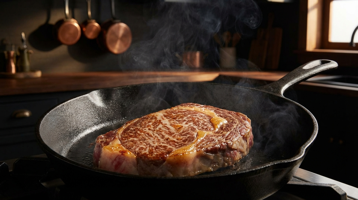 Miyazaki wagyu ribeye searing on cast iron skillet with golden brown crust and steam