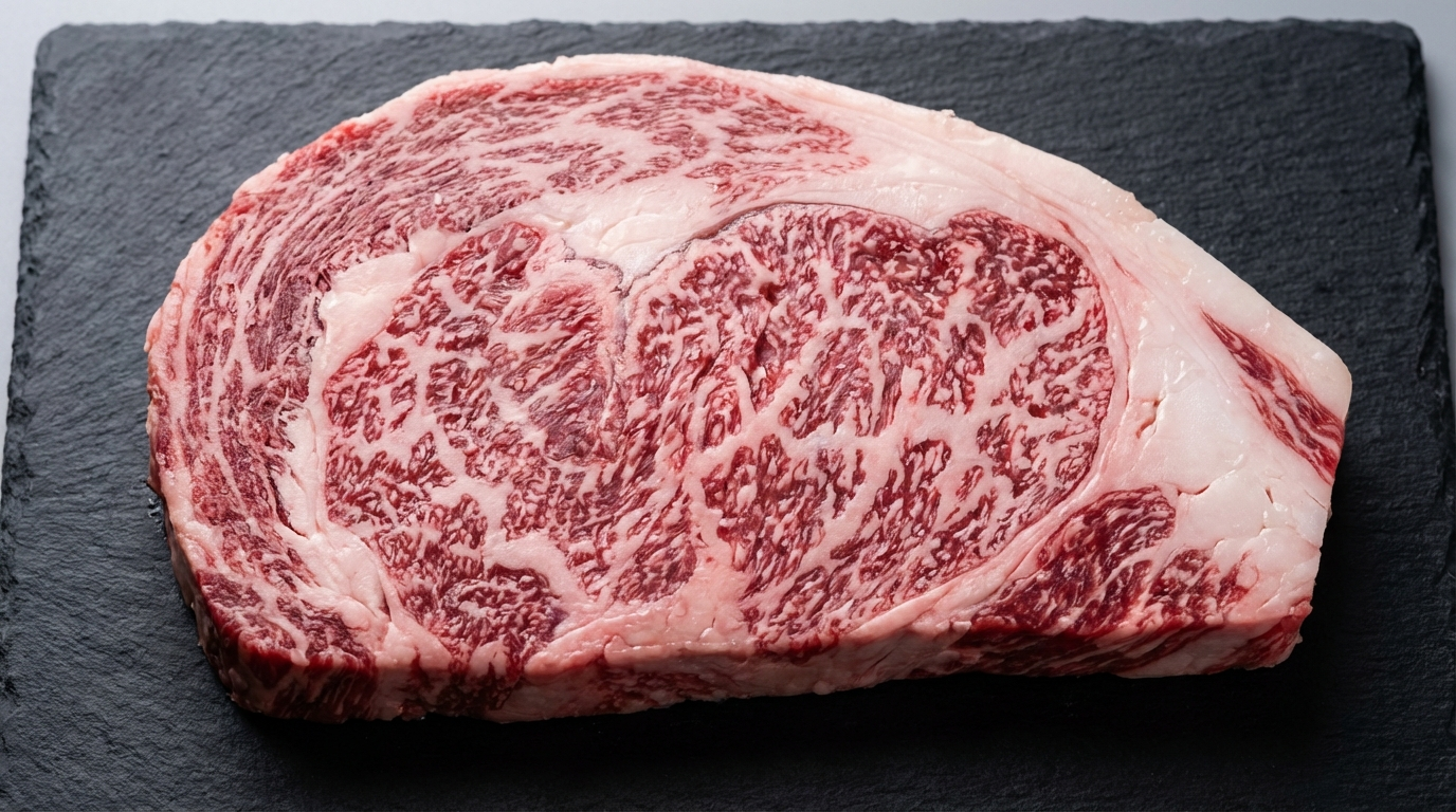 Miyazaki A5 wagyu cross-section showing BMS 11 intramuscular fat marbling detail