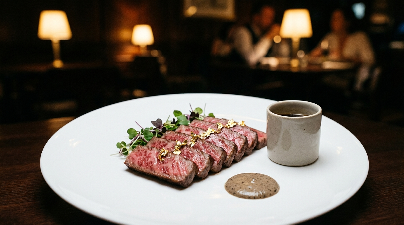 Sliced Miyazaki wagyu beef on elegant white plate with ponzu sauce in fine dining setting
