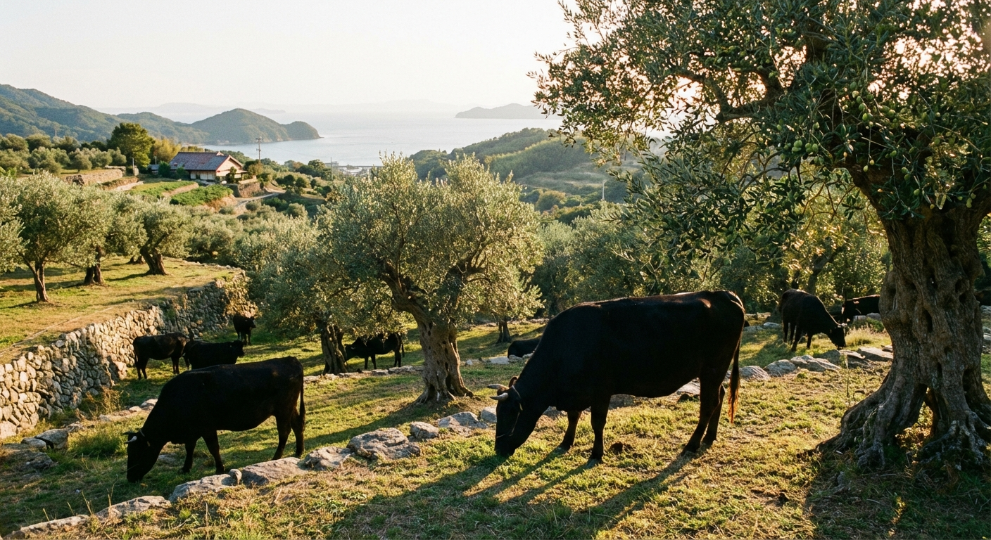 Black Japanese Wagyu cattle grazing near olive groves on Shodoshima Island in Kagawa Prefecture