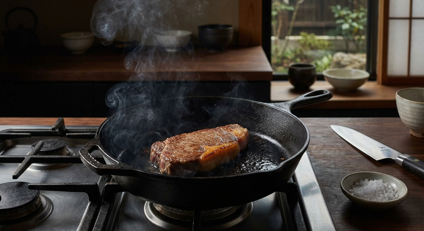 A5 olive wagyu steak searing in a hot cast iron skillet with wisps of smoke and golden-brown crust forming