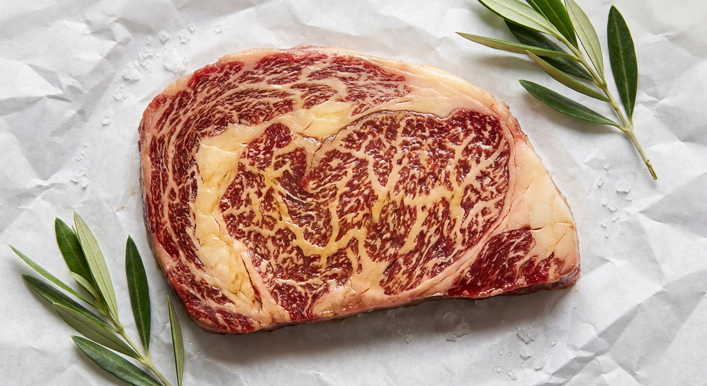 Close-up cross-section of olive wagyu A5 ribeye showing intense intramuscular fat marbling with golden-tinted fat