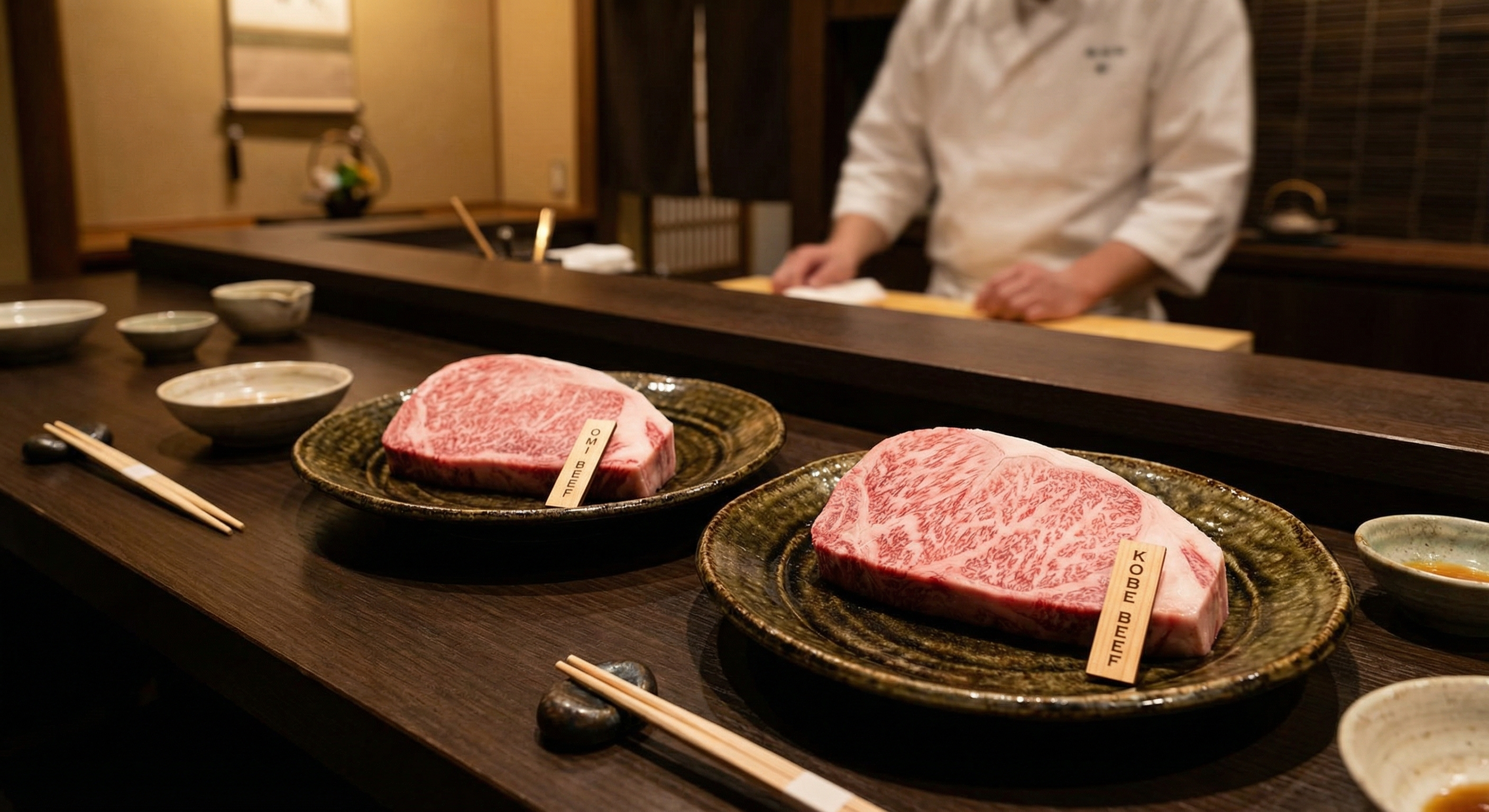 Close-up comparison of Omi beef and Kobe beef raw steaks showing marbling patterns