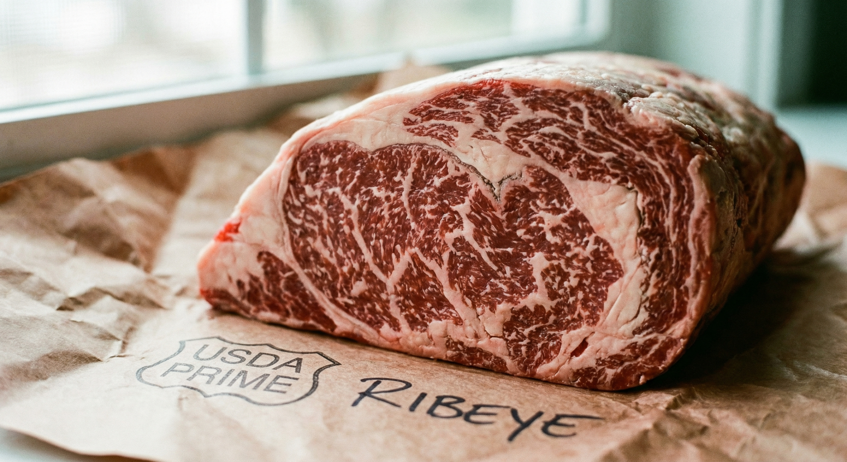 Close-up of USDA Prime beef marbling showing moderate intramuscular fat