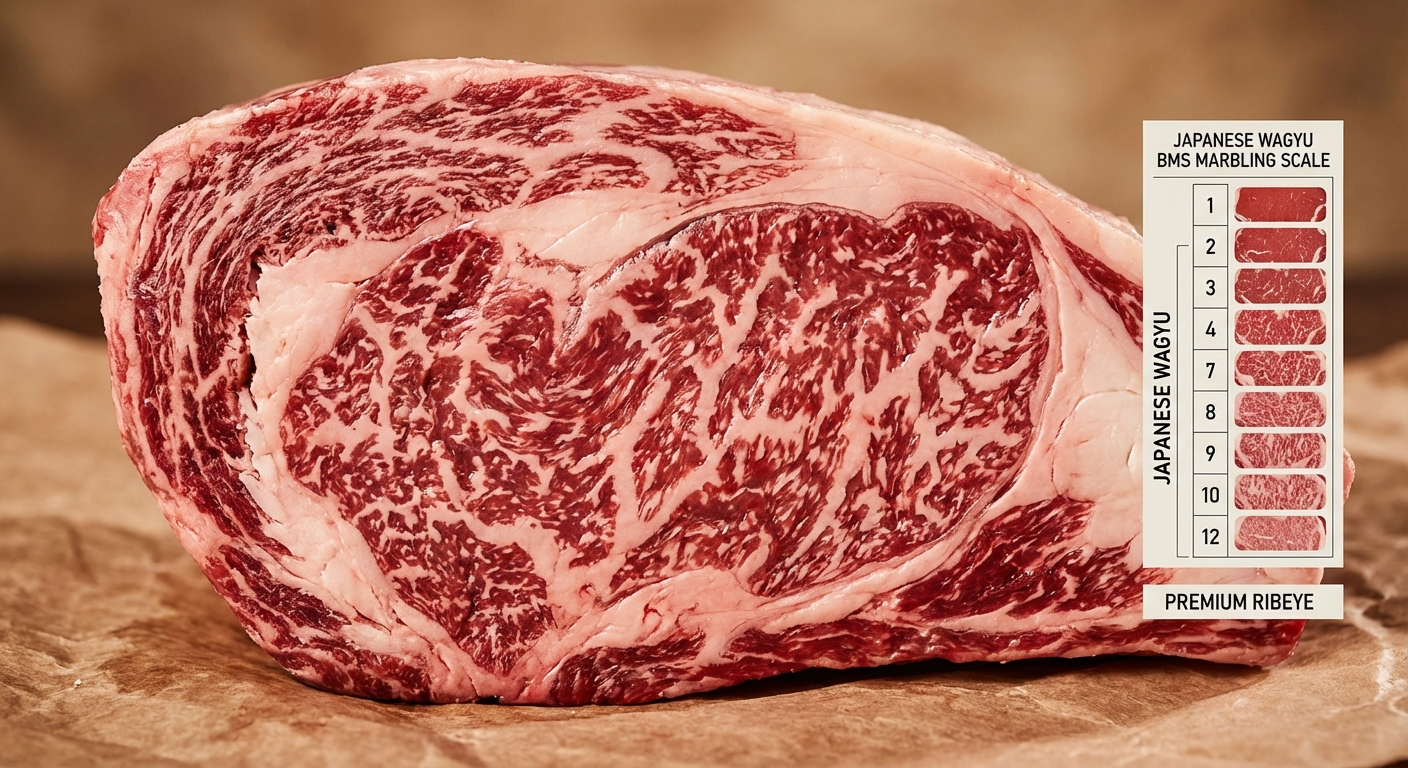 Close-up detail of Japanese wagyu marbling showing dense intramuscular fat patterns typical of high BMS scores
