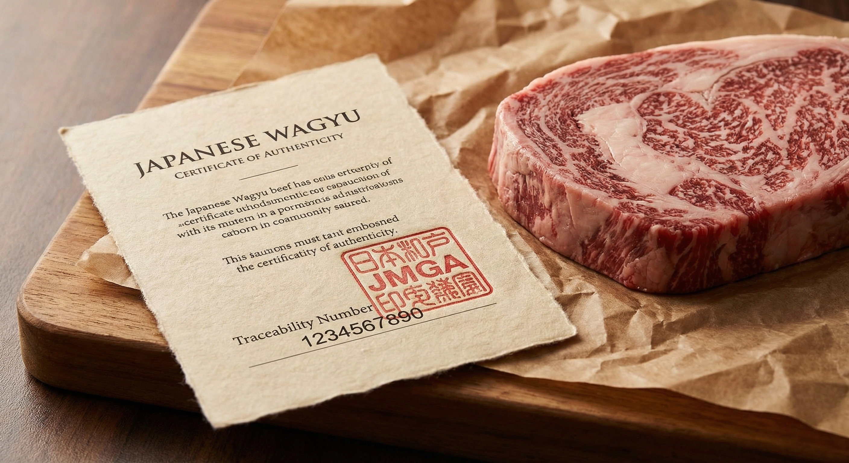 Japanese Wagyu certificate of authenticity with traceability number next to an A5 steak