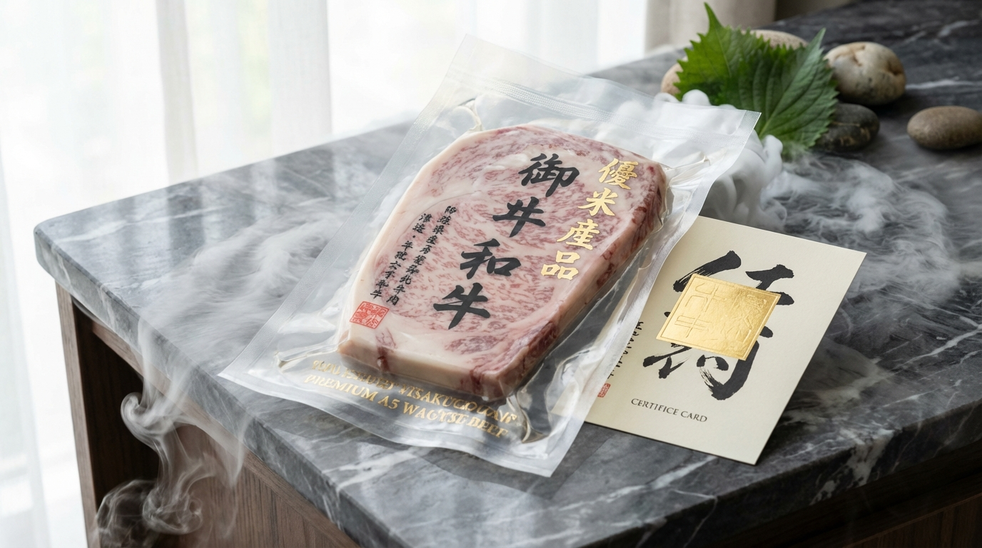Authentic A5 wagyu packaging with Japanese certification card showing official JMGA grading stamp