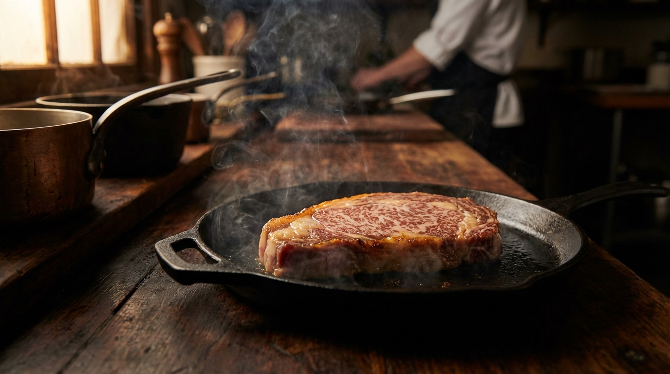 A5 wagyu ribeye searing on cast iron skillet with golden-brown crust forming and steam rising