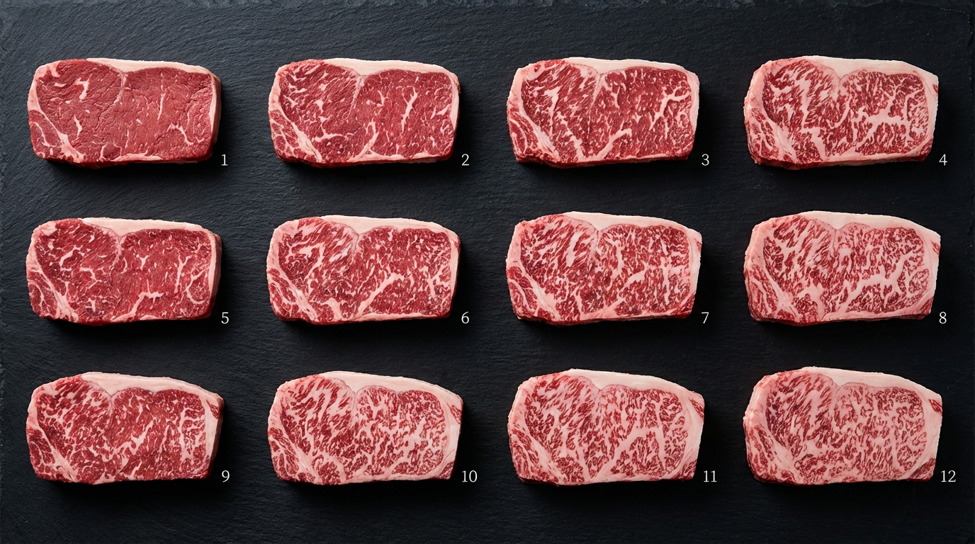 Japanese wagyu BMS grading scale comparison showing marbling density from grade 1 through 12