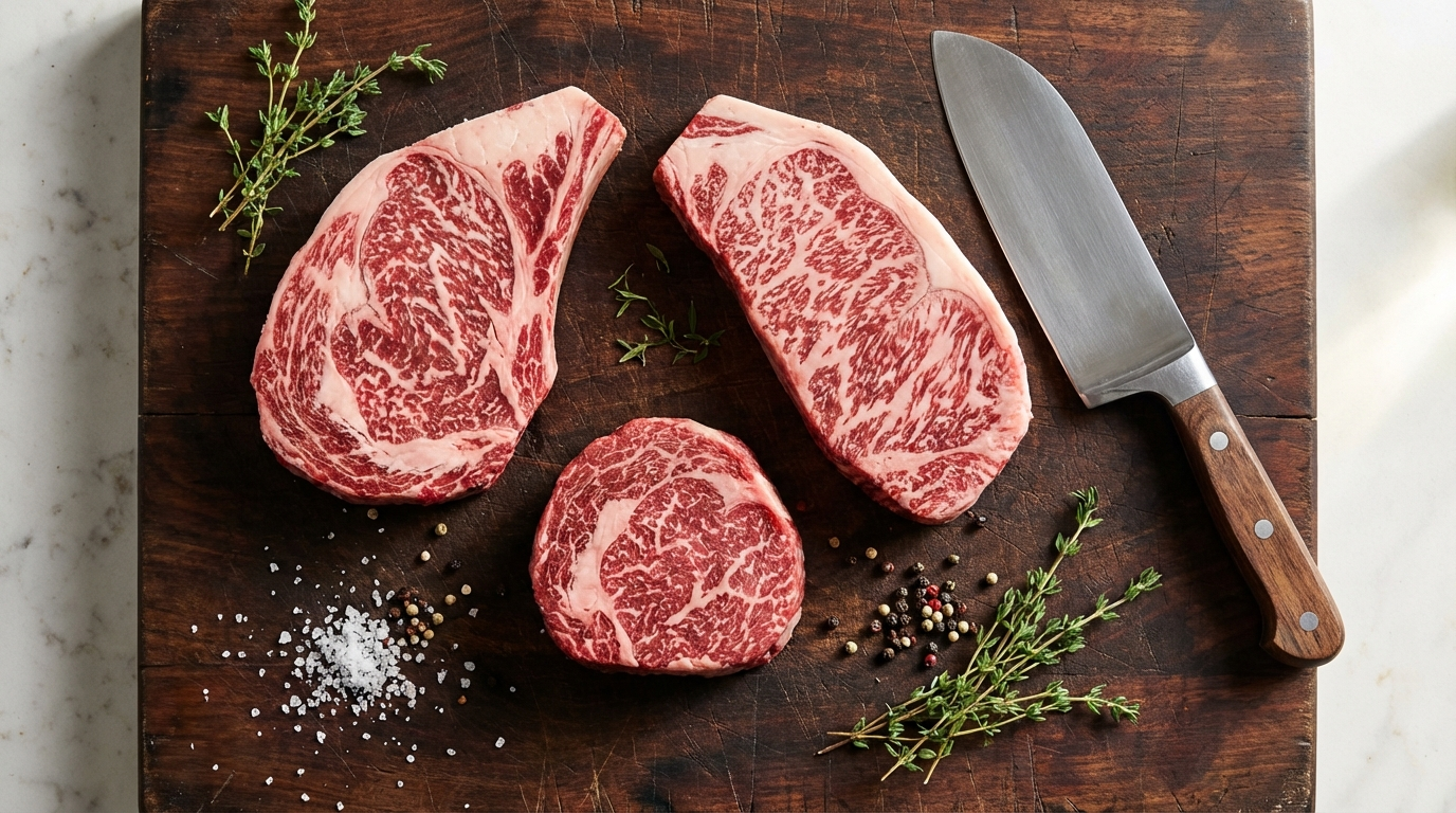 Premium wagyu cuts including ribeye, striploin, and tenderloin showing distinct marbling patterns on butcher block