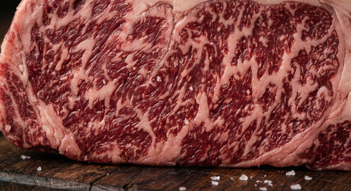 Close-up of BMS 12 Wagyu showing extraordinary marbling