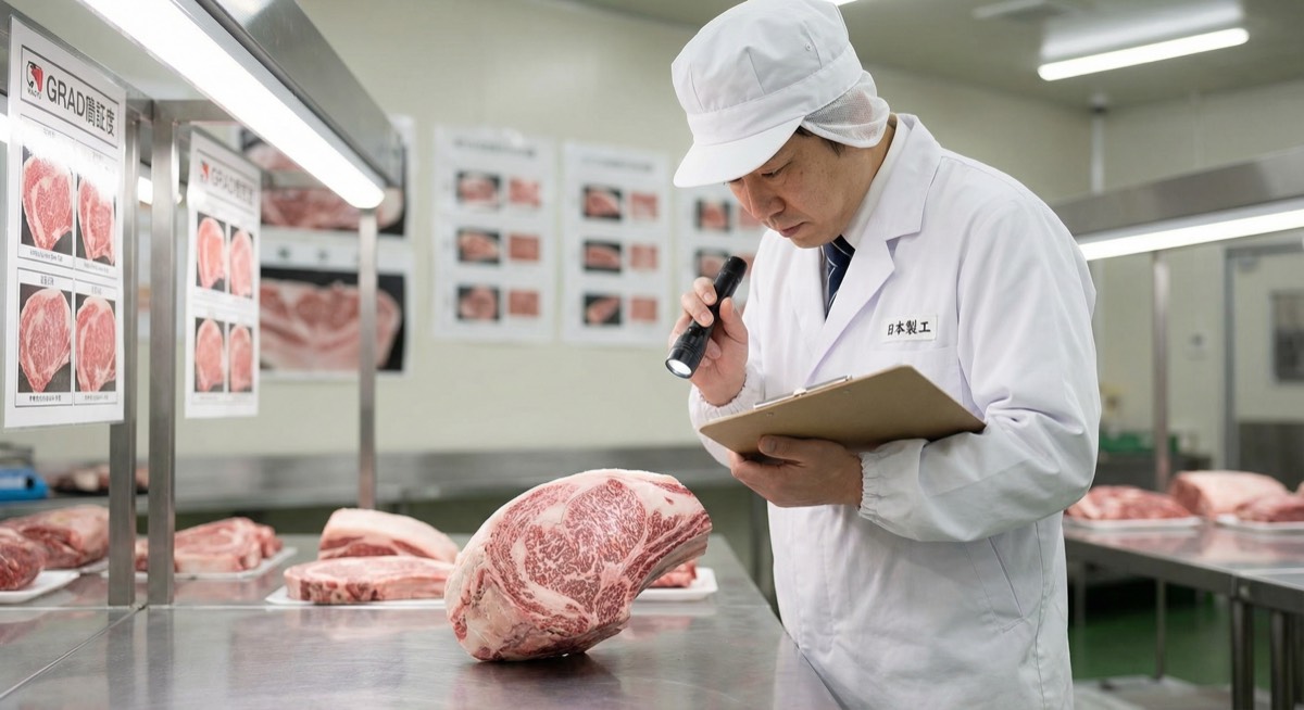 Wagyu ribeye being evaluated for BMS score