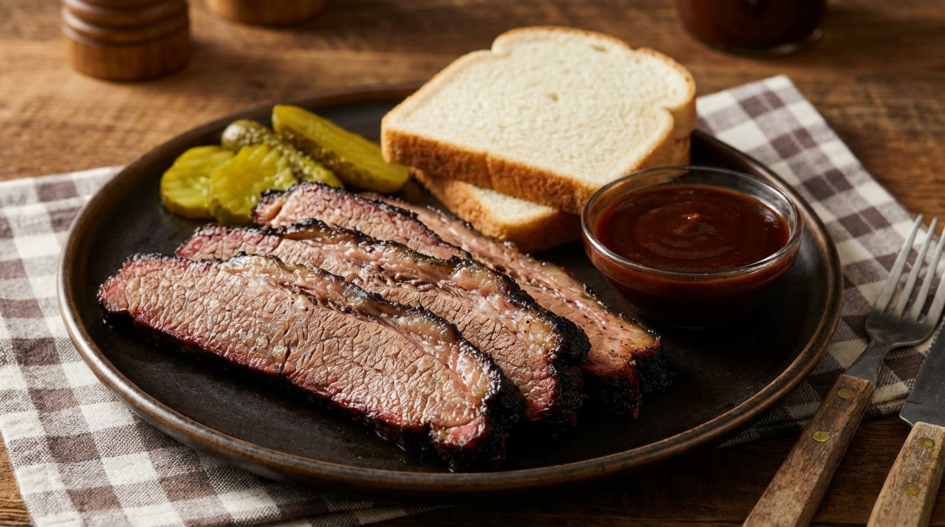 Sliced wagyu brisket plated with pickles, bread and sauce in Texas barbecue style