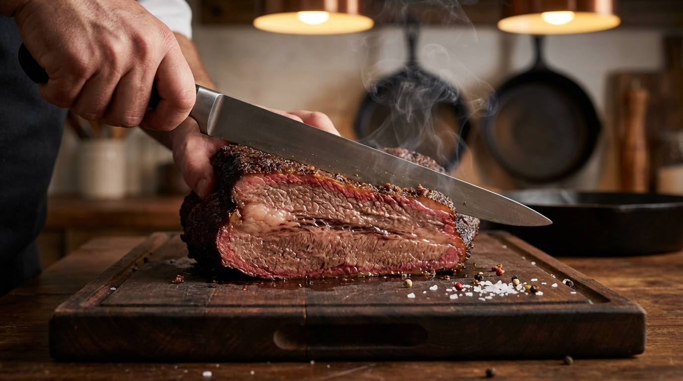 Smoked wagyu brisket sliced to reveal pink smoke ring and juicy marbled interior