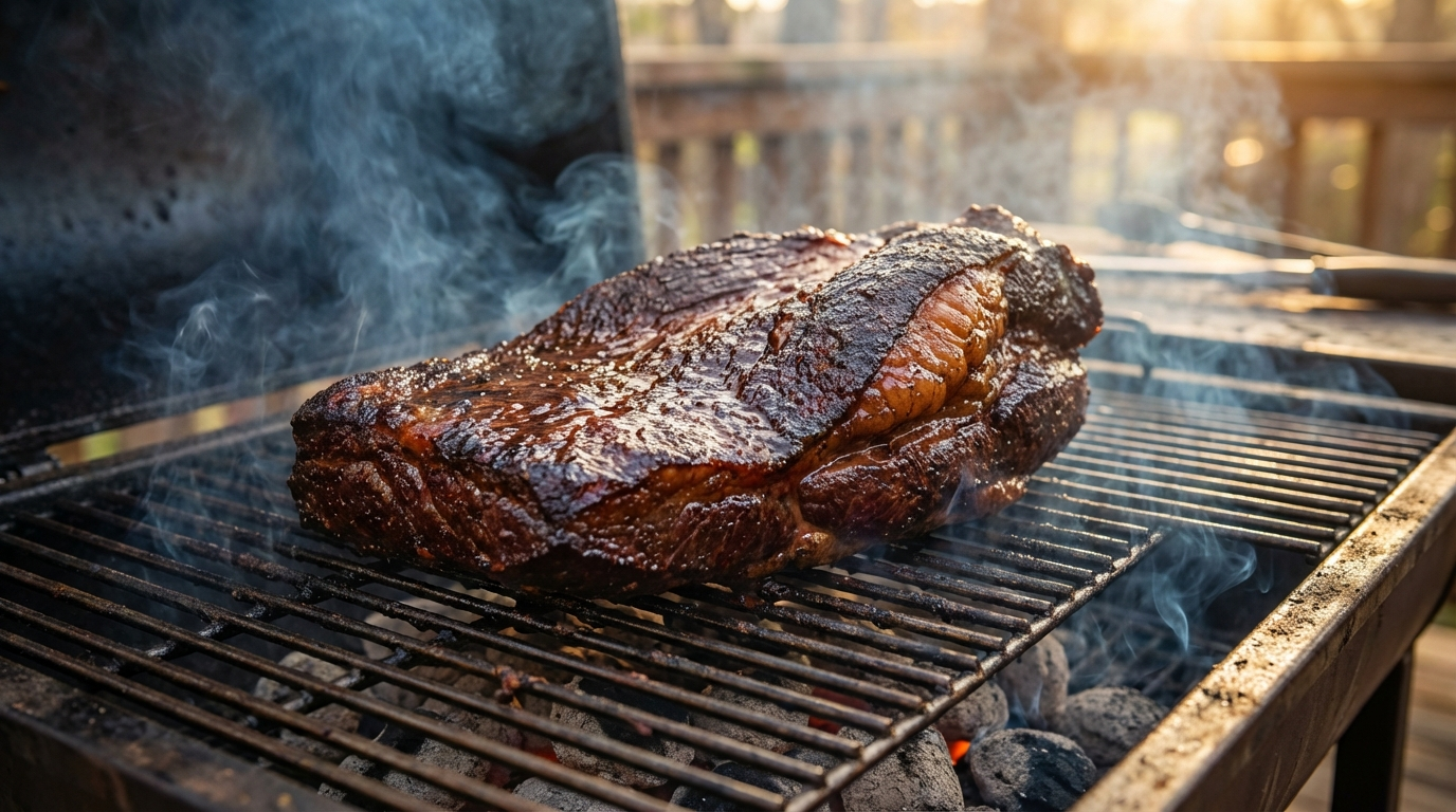 Wagyu brisket on a smoker grate with visible smoke and beautiful bark formation
