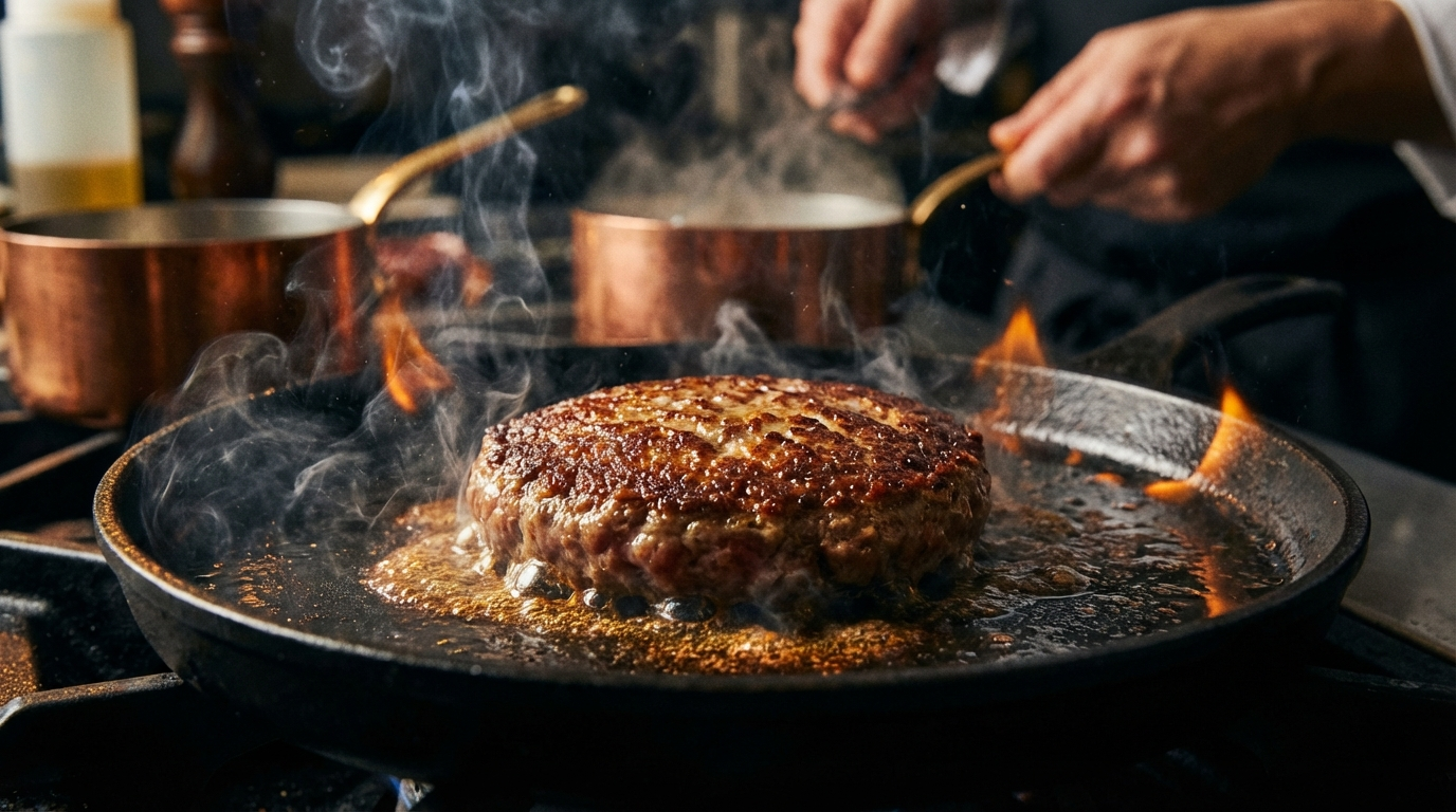 Wagyu burger patty searing on hot cast iron griddle with golden crust forming