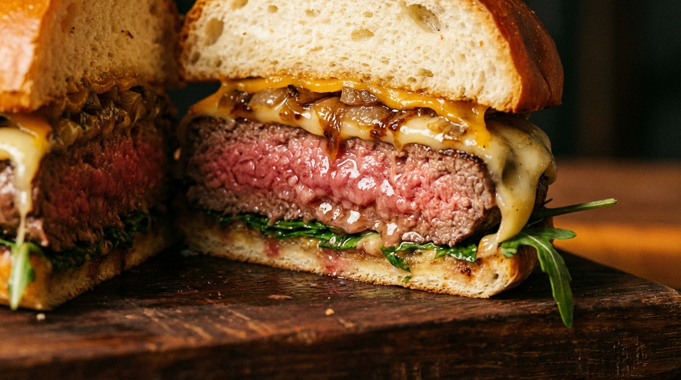 Wagyu burger sliced in half showing medium-rare pink center with melted cheese