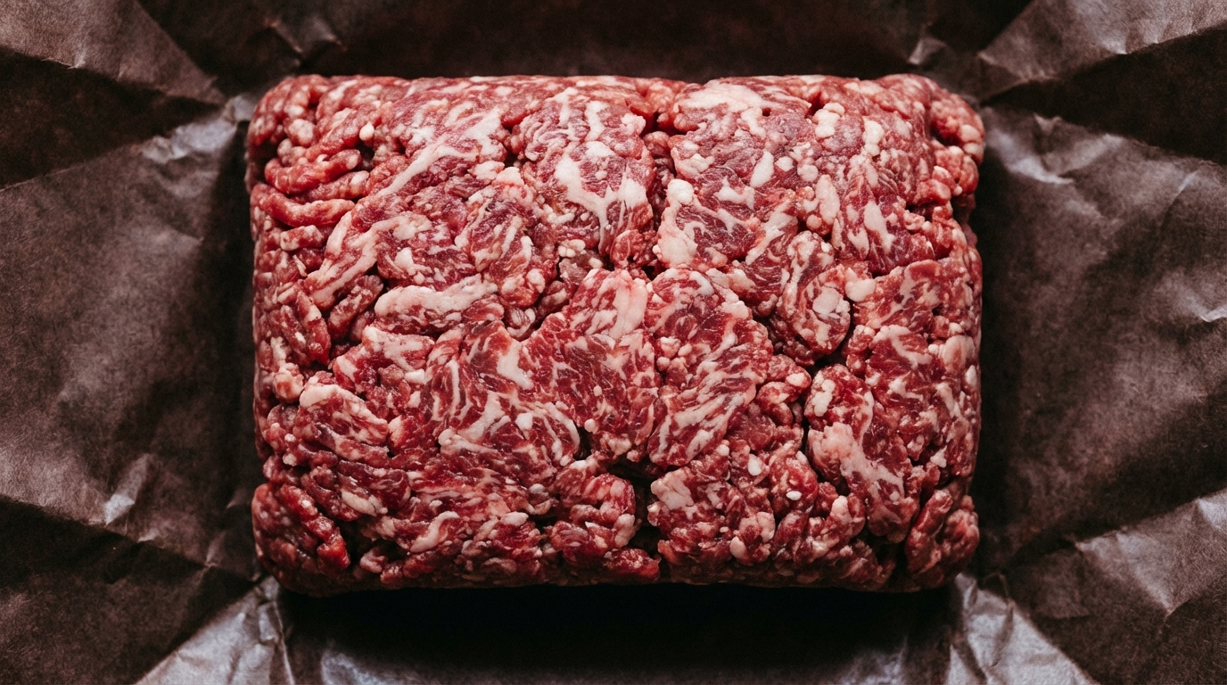 Raw wagyu ground beef with visible intramuscular fat marbling on dark butcher paper