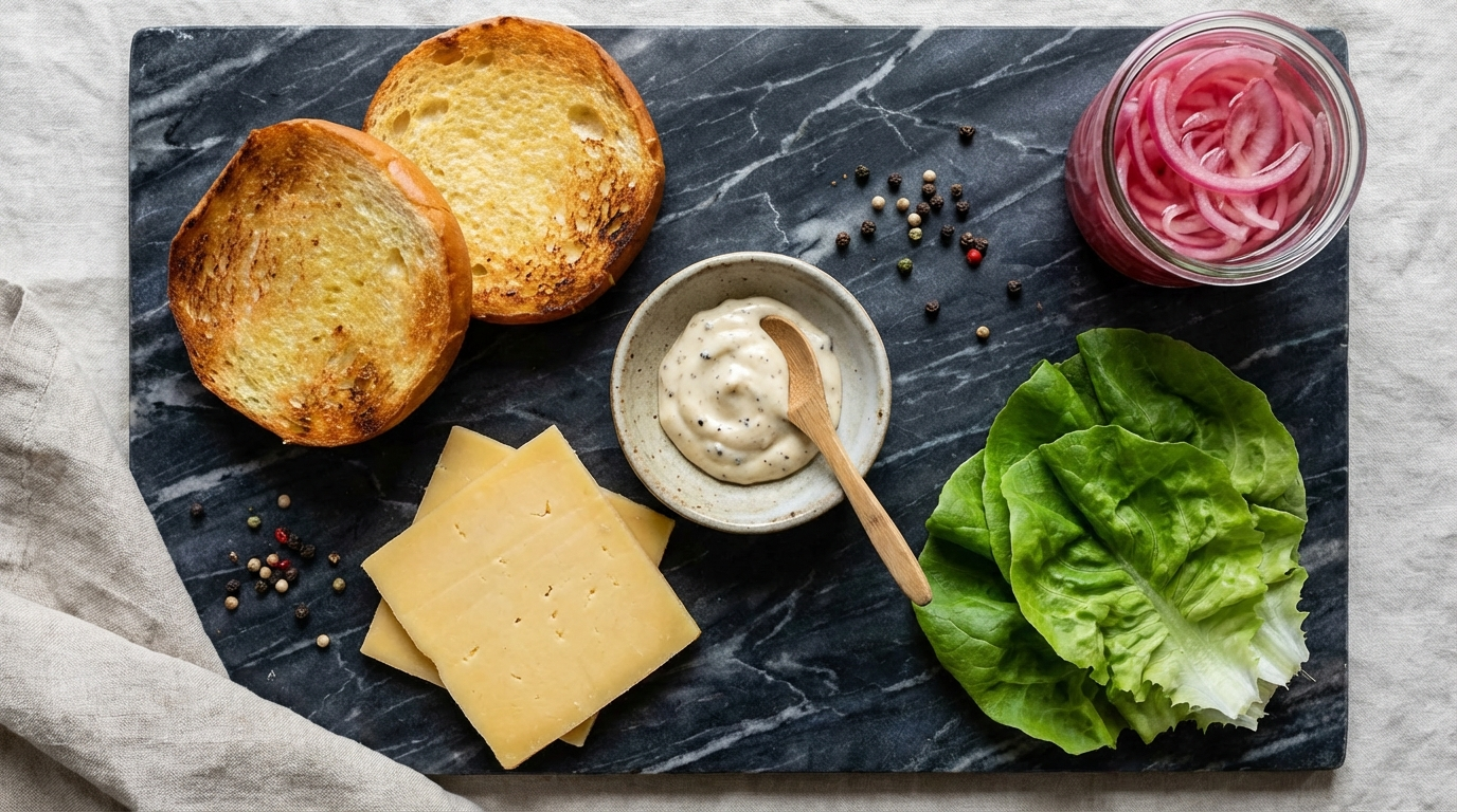 Flat-lay arrangement of wagyu burger toppings including brioche buns, aged cheddar, and pickled onions on dark surface