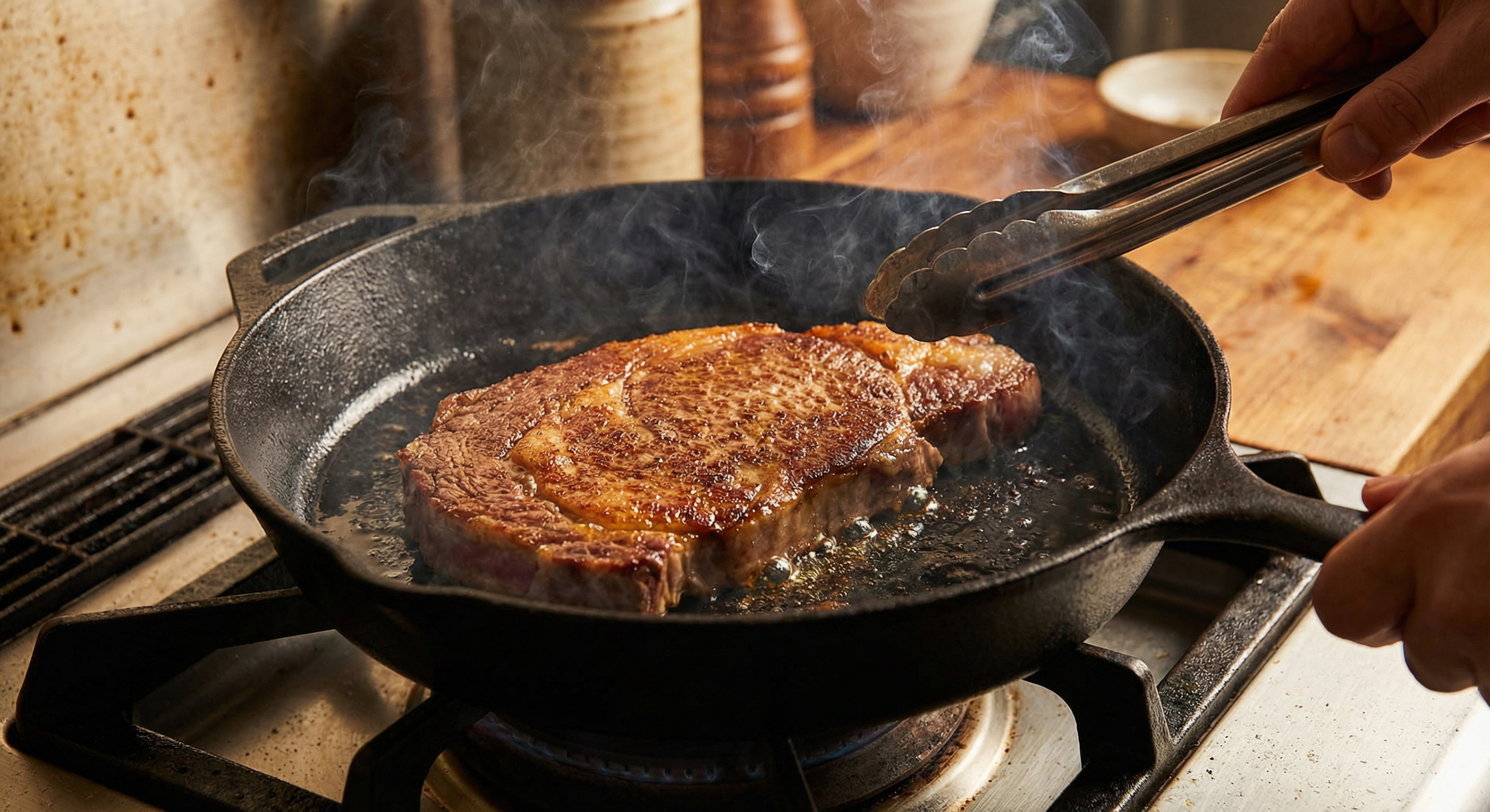 Wagyu steak searing in a cast iron skillet with golden brown crust forming