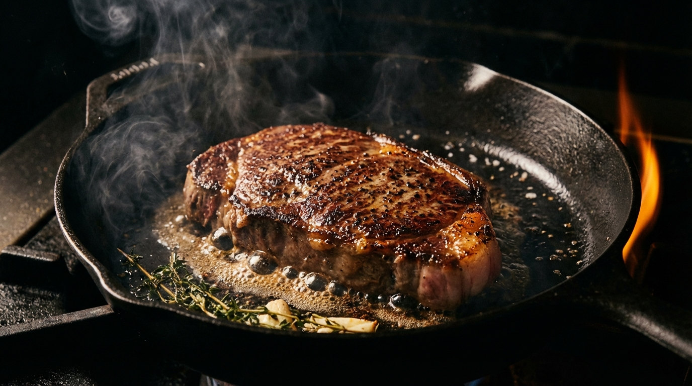 A5 wagyu steak searing on cast iron skillet with fat rendering and pooling around the meat