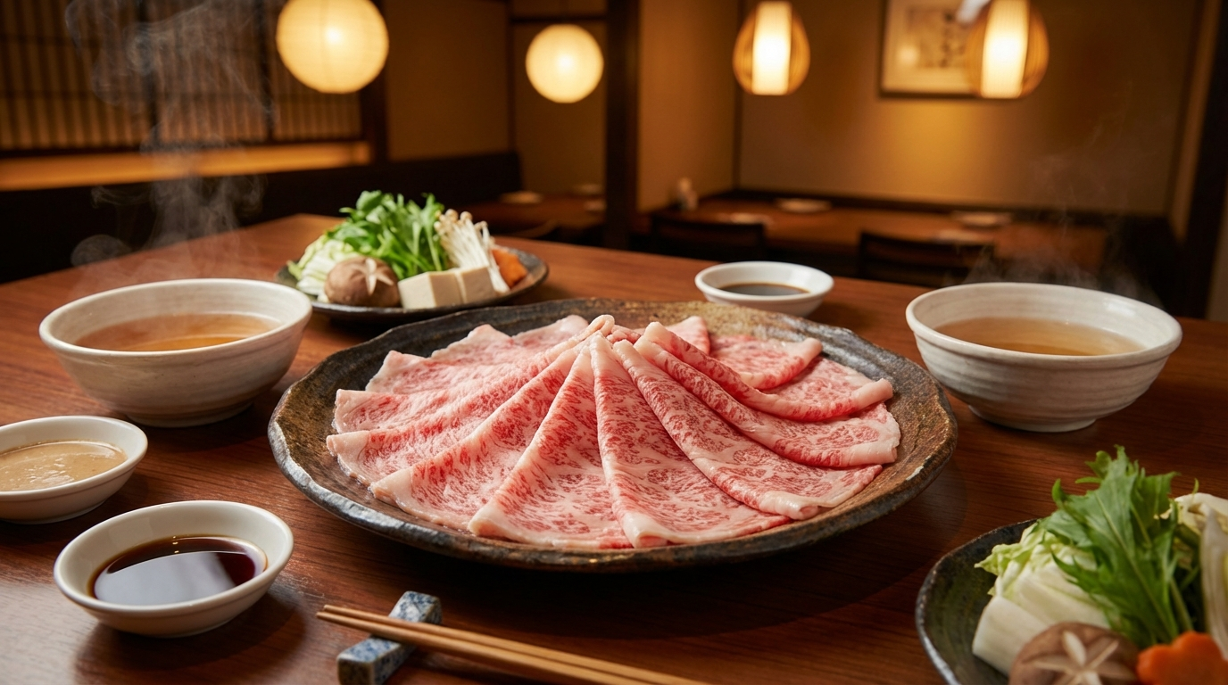 Thinly sliced wagyu beef for shabu shabu with edges turning translucent on ceramic plate