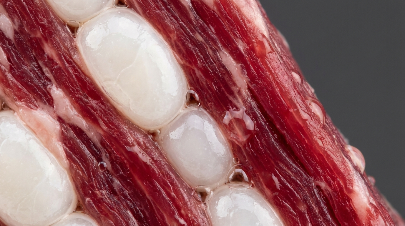 Macro close-up of wagyu intramuscular fat softening between red muscle fibers