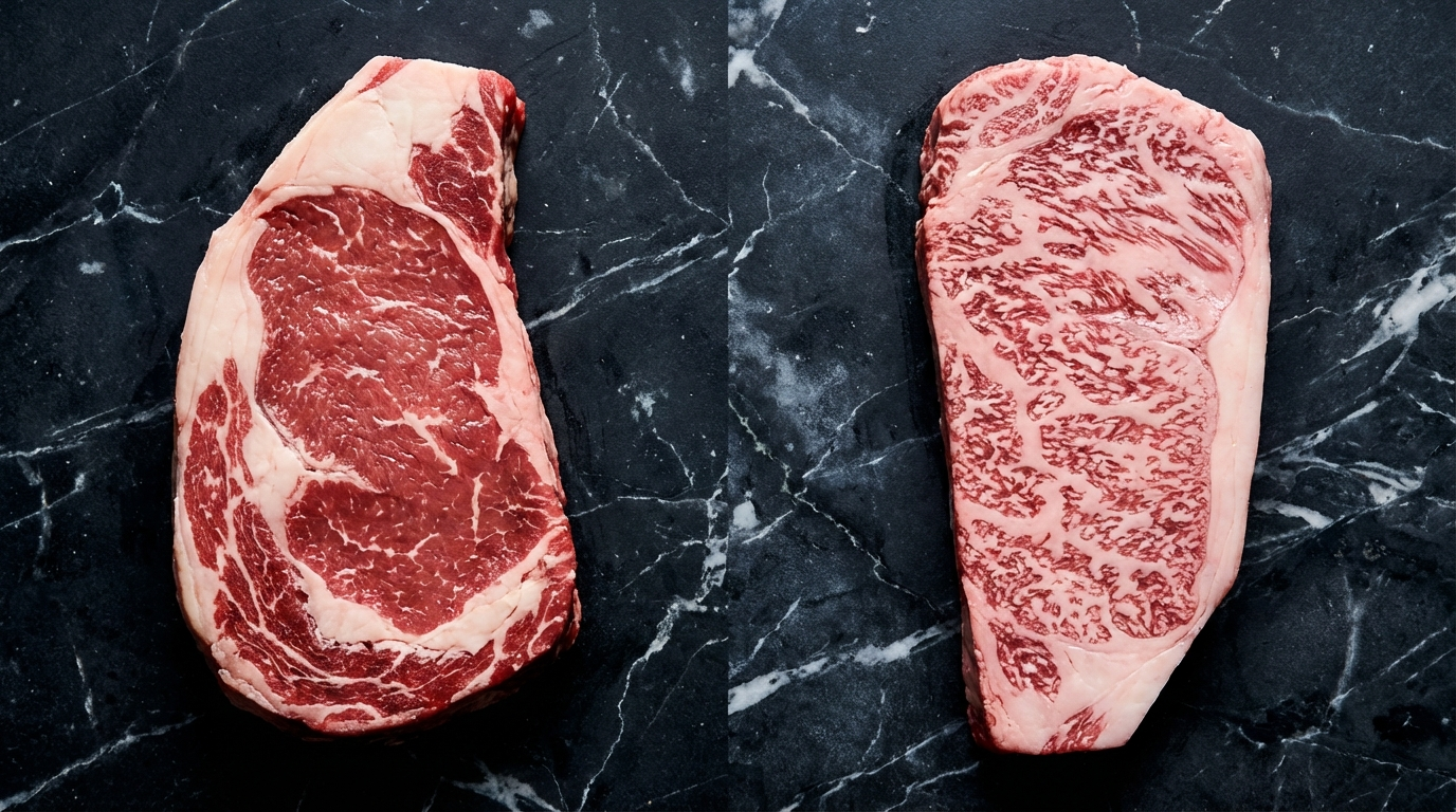Side by side comparison of conventional beef with firm fat and A5 wagyu with soft glistening marbled fat