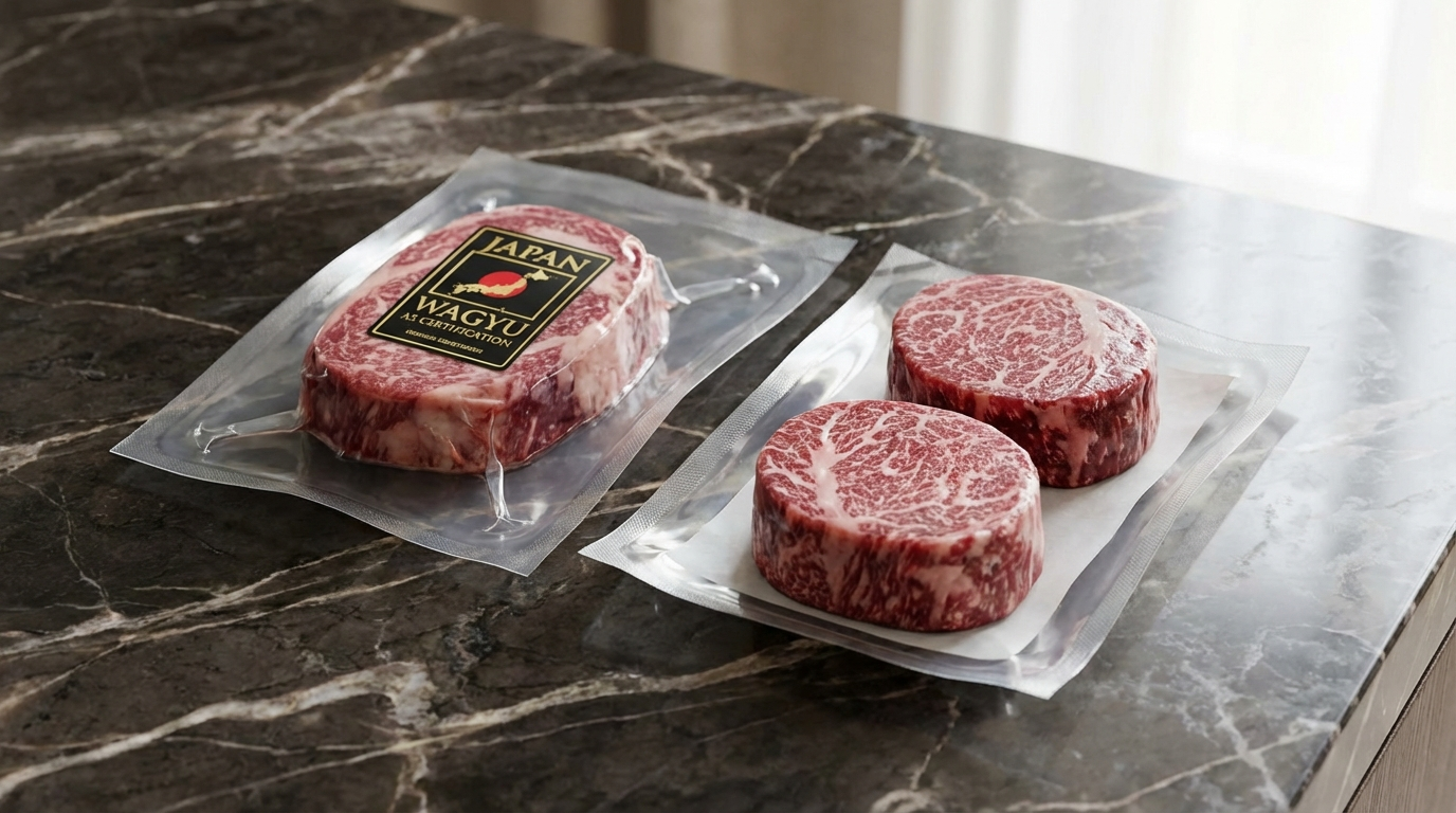 Premium wagyu filet mignon steaks in vacuum packaging with Japanese certification label on dark marble
