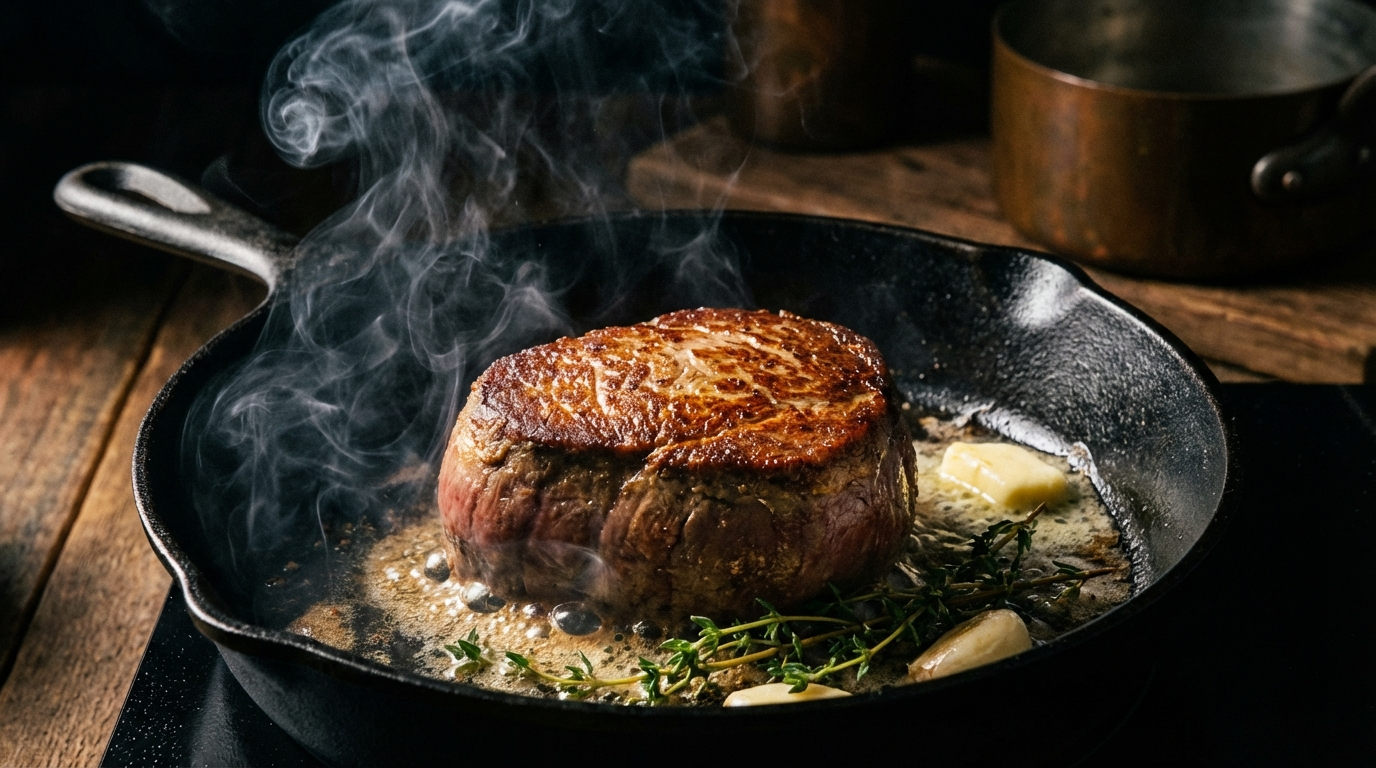 Wagyu filet mignon searing in cast iron skillet with golden crust forming, butter and thyme in pan